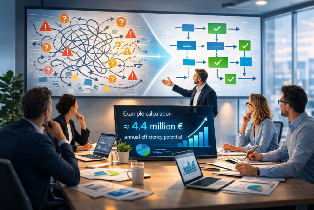 Illustration zu Prozessoptimierung im Mittelstand: Vergleich von chaotischen und strukturierten Geschäftsprozessen mit 4,4 Mio. € Effizienzpotenzial.